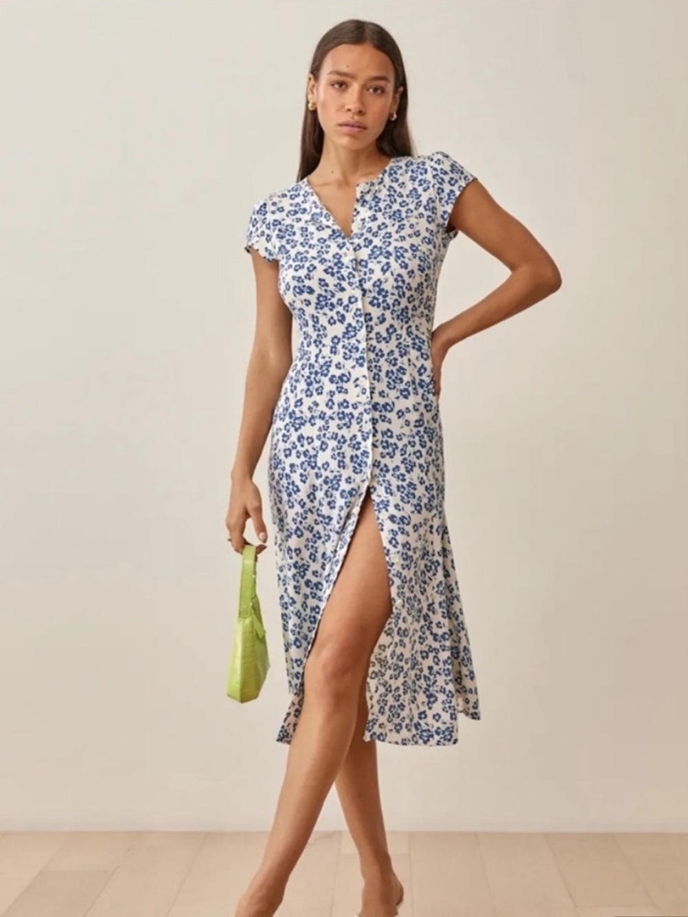 Reformation White Midi Dress with Blue Floral Print in